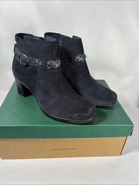 Clarks Women's Dark Navy Suede Ankle Booties with Braided Strap